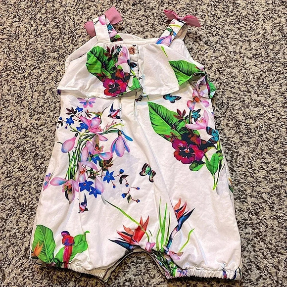 Baker by Ted Baker Tropical Print Baby Bubble Romper with Pink Bows on Shoulders - Picture 7 of 8
